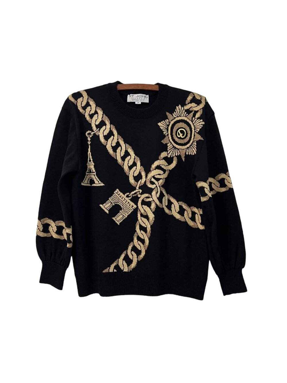 VTG ST JOHN Black Gold Paris Chain Charm Bracelet Graphic Santana Knit Sweater S
